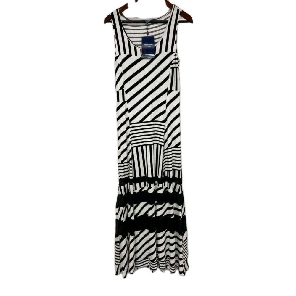 Peter Som St. Barths Black & White Mixed Stripe Maxie Dress‎ Stretch Sz M NEW